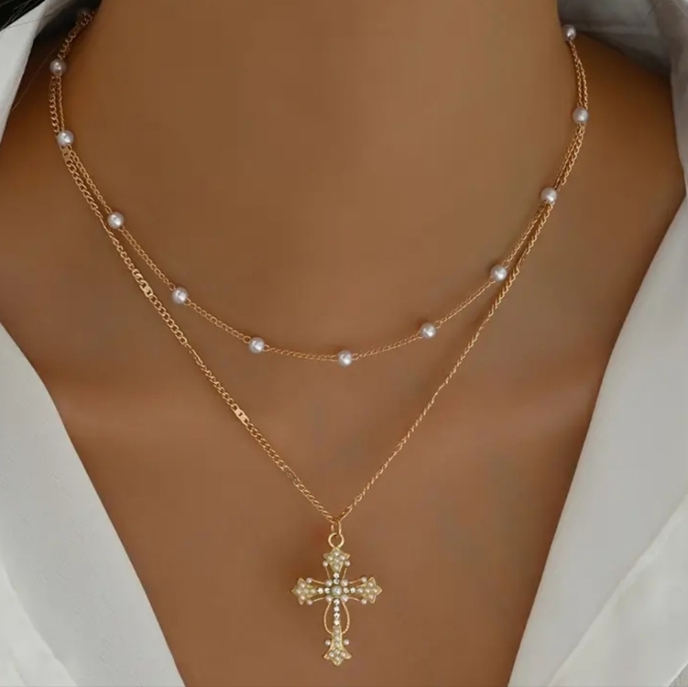 Ladies Elegant Golden Pearl Cross Necklace